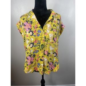 Anthropologie Maeve Raffine Capped Sleeve Floral Button Up Shirt Size M Yellow